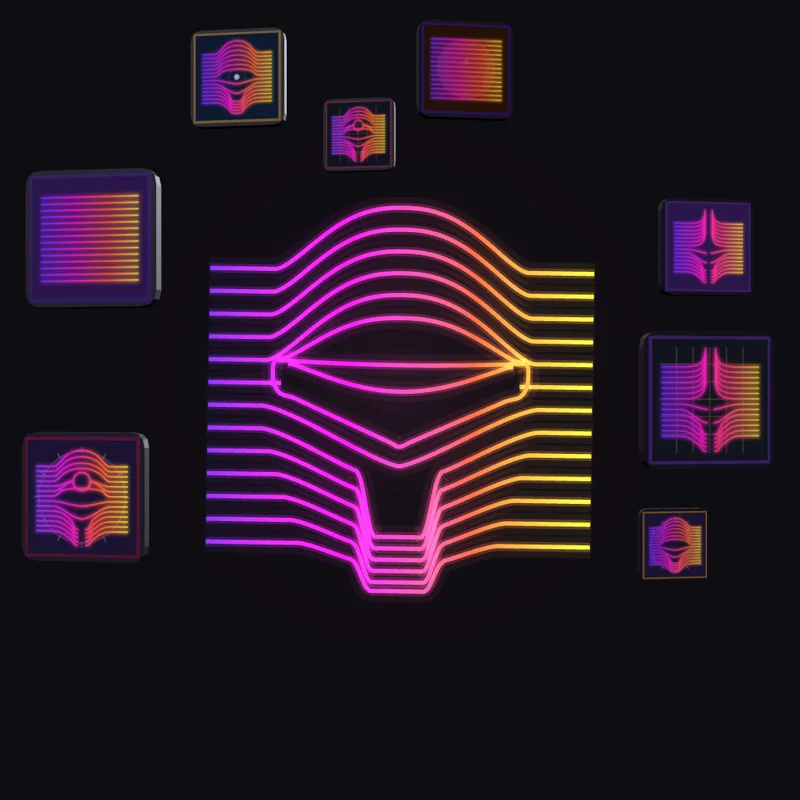 A masked head drawn in glowing purple to gold lines, facing you, with sealed and revealed pieces floating around it.